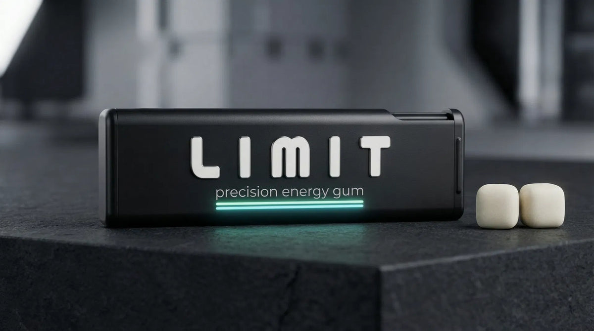 LIMIT Precision Energy Gum — sleek dark case with mint gum pieces